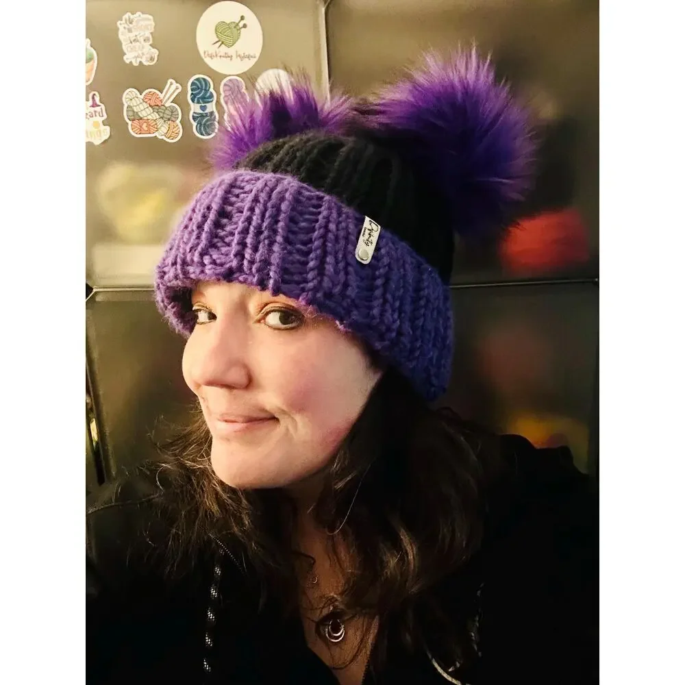 Hand Knit Beanie with Double Faux Fur Poms - Adult Winter Hat